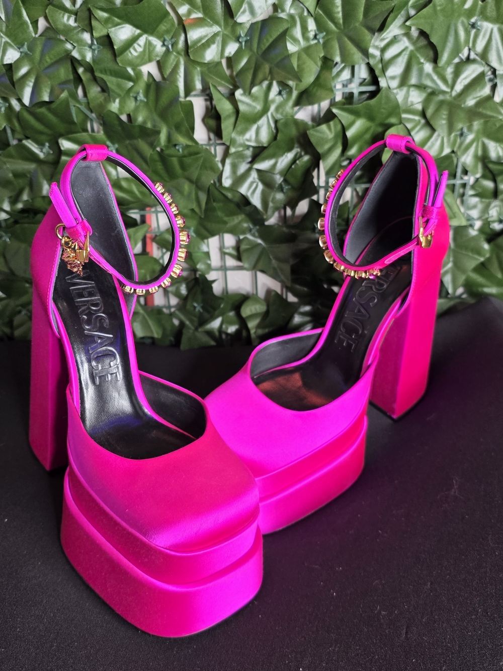 Versace Women’s Hot Pink Platform Ankle Strap Pumps